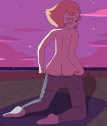 1girls ass back blue_eyes blush cartoon_network clouds drawinecchi dusk female female_only gem_(species) grass humanoid jeans ocean outdoors outside pale-skinned_female pale_skin pearl_(steven_universe) pink_sky sand signature socks stars steven_universe tight_clothing