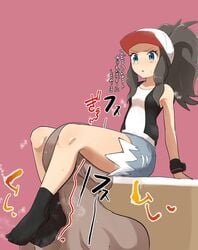 1boy 1girls baseball_cap brown_hair cunnilingus daba daisy_dukes femdom hilda_(pokemon) leg_lock leglock long_hair nintendo pokemon pokemon_bw ponytail thigh_crush