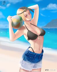 asymmetrical_hair beach beach_ball black_bikini light_skin lunox_(mobile_legends) magenta_eyes mobile_legends mobile_legends:_bang_bang red_zian shorts underwear