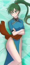 1girls bare_legs breasts earrings fire_emblem fire_emblem:_the_blazing_blade green_eyes green_hair large_breasts lelie_link long_hair looking_at_viewer lyn_(fire_emblem) lyndis_(fire_emblem) nintendo pelvic_curtain ponytail simple_background solo