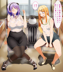 blonde_hair dagashi_kashi endou_saya_(dagashi_kashi) morokoshitaroh pantyhose purple_hair shidare_hotaru sweat sweating thighband_pantyhose thighs