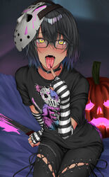 1boy belt_collar black_hair black_shirt blush clothed clothing dark-skinned_femboy dark-skinned_male dark_skin eyebrows_visible_through_hair femboy girly glasses halloween halloween_costume jack-o'-lantern karasu_(jjwh2832) knife looking_at_viewer machete male mashiro_(nijisanji) mashiro_meme mask mask_on_head nijisanji painted_nails pierced_tongue piercing punk solo striped_gloves tongue tongue_out tongue_piercing virtual_youtuber yellow_eyes