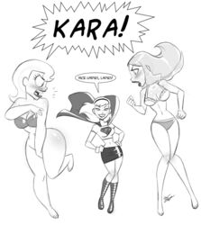 3girls aeolus06 big_breasts blush bottomless bra breasts cleavage covering_breasts covering_crotch dc dc_comics dcau embarrassed_nude_female female female_only justice_league_action kara_danvers kara_zor-el monochrome multiversal_counterpart_grouping navel panties sketch square_crossover super_best_friends_forever supergirl superman:_the_animated_series superman_(series) underwear