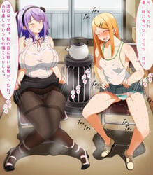 blonde_hair dagashi_kashi endou_saya_(dagashi_kashi) morokoshitaroh pantyhose purple_hair shidare_hotaru sweat sweating thighband_pantyhose thighs