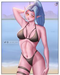 1girls athletic_female beach bikini bikini_bottom bikini_top black_bikini blue_hair elf elf_female female female_only karina_(mobile_legends) mobile_legends mobile_legends:_bang_bang pink_skin ponytail red_zian revealing_clothes solo yellow_eyes