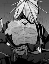 1boy abs artist_request boots breath collarbone commentary_request feet_out_of_frame genshin_impact greyscale grimace hat highres japanese_clothes long_sleeves looking_down male_focus male_only mitsubamushi_coreless monochrome muscular muscular_male no_eyes nobushi_(genshin_impact) rice_hat rope rope_belt scar scar_on_chest shaded_face shadow solo sweatdrop teeth torn_clothes