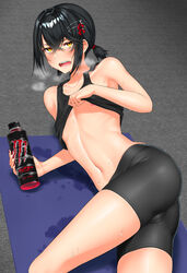 balls balls_under_clothes black_hair femboy girly hairclip karasu_(jjwh2832) leggings looking_at_viewer male male_only mashiro_(nijisanji) mashiro_meme monster_energy nijisanji penis_under_clothes solo sweat sweatdrop tight_clothing virtual_youtuber yoga_mat yoga_pants