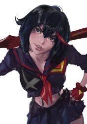 1girls breasts clothed_female female fingerless_gloves hand_on_hip holding_weapon kill_la_kill leaning_forward looking_at_viewer matoi_ryuuko midriff multicolored_hair scissor_blade senketsu streaked_hair tomboy tristanmori