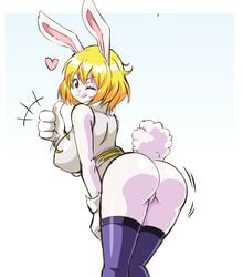 anthro ass ass_shake ass_visible_through_thighs bent_over big_hands big_paws blonde_hair bunny_girl butt_crack carrot_(one_piece) cheering cosplay cotton_tail cute female female_only floppy_ears fur hand_gesture heart legwear lewdamone licking_lips long_ears looking_back miruko miruko_(cosplay) motivational_poster my_hero_academia one_piece pink_inner_ear purple_legwear purple_thighhighs rabbit_ears rabbit_girl rabbit_humanoid rabbit_tail rumi_usagiyama shiny_thighhighs short_tail solo standing tail thighhighs thumbs_up tongue tongue_out twerking white_ears white_fur white_tail wink