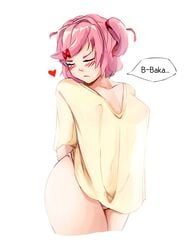 1girls big_ass blush closed_eyes dialogue doki_doki_literature_club embarrassed large_ass medium_breasts natsuki_(doki_doki_literature_club) no_pants pantsless petite pink_hair see-through see-through_clothing see-through_shirt see_through see_through_clothing see_through_shirt short_twintails solo spoken_heart text thick_thighs tsundere yudsnuts