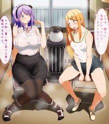 blonde_hair dagashi_kashi endou_saya_(dagashi_kashi) morokoshitaroh pantyhose purple_hair shidare_hotaru sweat sweating thighband_pantyhose thighs