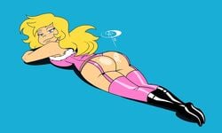 1girls ass black_boots blonde_hair blue_background blue_eyes celia_horn clothed_female frostbiteboi laying_on_stomach looking_at_viewer perpetual_son pin-up pink_corset pink_garter_straps pink_panties pink_stockings pinup shiny_skin slim2k6 smiling_at_viewer solo solo_female solo_focus stewsspicyblog tan-skinned_female