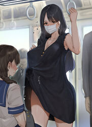 1futa 1girls big_breasts big_penis black_hair blush breasts brown_hair clothed clothing erection erection_under_clothes female fully_clothed futa_focus futanari glasses human light-skinned_futanari light_skin long_hair mask mesisinja pale_skin penis penis_awe precum precum_through_clothing public public_transportation school_uniform solo_focus standing tenting