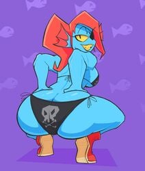 1girls ass ass_cleavage backboob big_ass bikini blue_skin breasts bubble_butt butt_crack crouching eddy_spugeddy eye_patch female female_only fish grin looking_at_viewer looking_back monster ponytail red_hair shoes sideboob smile smiling_at_viewer sneakers solo squatting undertale undyne yellow_sclera