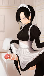 1futa ball_bra balls big_penis black_hair breasts censored clothed clothing earrings erect_penis erection futa_only futanari garter_straps huge_cock human light-skinned_futanari light_skin long_sleeves maid maid_uniform mostly_clothed penis penis_accessory penis_under_clothes short_hair skirt skirt_lift solo solo_futa standing thighhighs tontekiss