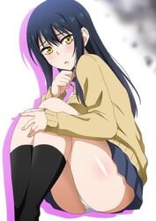 1girls afraid ass black_hair black_legwear female female_only hara_(harayutaka) legwear long_hair looking_at_viewer mieruko-chan panties school_uniform schoolgirl skirt socks solo thighs white_panties yellow_eyes yotsuya_miko