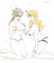 2girls angry artist_name bed big_breasts bikini black_bikini blonde_hair blush breasts dark_hair dark_yellow_hair dio_brando earrings female female_dio genderswap genderswap_(mtf) hands_on_breasts heart_background humanoid jojo's_bizarre_adventure light-skinned_female light_skin long_hair multiple_girls noba_yu red_eyes rule_63 selfcest smile stardust_crusaders stardust_crusaders_(ova) vampire villainess white_bikini white_hair yellow_eyes yuri