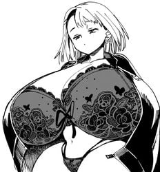 achumuchi breasts breasts_bigger_than_head ear_piercing female female_focus female_only gigantic_breasts hips hourglass_figure huge_breasts jacket lingerie looking_down massive_breasts monochrome neutral_expression short_hair solo solo_female thick_thighs thighs tired_eyes top_heavy wide_hips