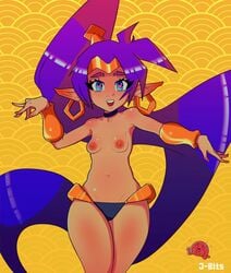 1girls blue_eyes breasts dark_skin earrings elf_ears female female_only heart-shaped_pupils j-bits navel nipples open_mouth pointy_ears purple_hair shantae shantae_(character) small_breasts smooth_skin solo topless wide_hips