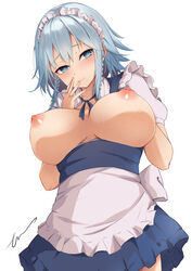 absurdres apron bangs blue_dress blue_eyes blue_hair blush braid breasts breasts_out closed_mouth commentary_request cowboy_shot dress error1945 eyebrows_visible_through_hair female frills from_below hand_to_own_mouth hand_up highres large_breasts light_blue_hair looking_at_viewer maid_headdress medium_hair nipples puffy_short_sleeves puffy_sleeves sakuya_izayoi short_sleeves side_braids signature simple_background smile solo touhou twin_braids waist_apron white_apron white_background white_headwear