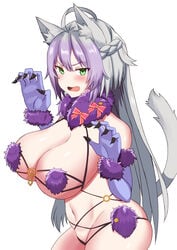 1girls ahoge animal_ears atalanta_(alter)_(fate) atalanta_(fate) bangs bare_shoulders blush breasts cat_ears cat_tail cleavage elbow_gloves fate/grand_order fate_(series) from_side gloves green_eyes grey_hair grey_tail large_breasts long_hair looking_at_viewer mash_kyrielight mash_kyrielight_(dangerous_beast) navel open_mouth purple_gloves purple_hair sideboob simple_background solo tail underboob white_background yuzu_kiro