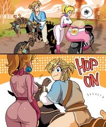 1boy 1girls ass belt big_ass big_butt bike_outfit_(mario_kart) bikesuit bodysuit champion's_tunic clothing fat_ass female footwear handwear human jumpsuit large_ass link link_(breath_of_the_wild) make mario_(series) mario_kart motor_vehicle motorcycle motorcycle_suit neckwear offering pale_skin princess_peach racing_suit sasatseng skin_tight smog smoke the_legend_of_zelda thick_ass vehicle wholesome