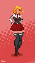 1girls academy_uniform_(bible_black) blonde_hair clothing clover_(totally_spies) cosplay female human large_hips pale_skin pinafore_(artist) school_uniform skirt smiling smiling_at_viewer solo solo_female tagme thick_thighs thighhighs totally_spies