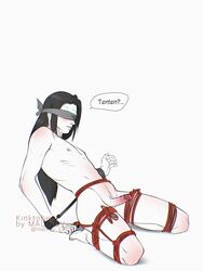 1boy bondage erection hyuuga_neji long_hair male male_only malinov naruto naruto_(series) naruto_shippuden nude penis presenting presenting_penis rope solo text