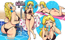 1girls ass ass_cleavage beach_towel bikini black_bikini blonde_hair blue_eyes breasts butt_crack cleavage closed_eyes earrings female female_only getting_out_of_pool hi_res holding_popsicle huge_ass huge_breasts laying_on_stomach laying_on_towel long_hair looking_at_viewer looking_back lying mario_(series) melting_popsicle multiple_poses multiple_views nintendo on_stomach outdoors pink_lipstick pool popsicle popsicle_in_mouth princess_peach sasatseng side-tie_bikini solo solo_female standing sunscreen swimsuit tagme towel untied_bikini_top wet_hair wet_skin