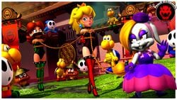 3d accurate_art_style alternate_version_at_source alternate_version_available arms_behind_back blonde_hair blue_eyes blush bondage collar earrings gag gloves goomba hariet_(mario) high_heels hopping jewelry koopa_troopa leash leotard mario_(series) nintendo onmodel3d over_the_mouth_gag pokio_(mario) princess_daisy princess_peach red_hair rope_bondage self_upload shy_guy slave_outfit super_mario_bros. super_mario_odyssey thigh_highs walking