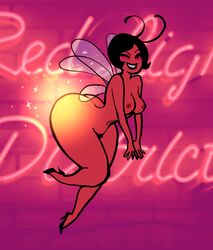 1girls antennae_(anatomy) areola ass big_butt blush breasts chazzerpan club_(disambiguation) curvaceous curvy_figure drunk female firefly glistening glistening_butt high_heels homestuck insect_wings looking_at_viewer naked_footwear naked_heels navel neon_lights nipples not_furry nude one_eye_closed pubes serenity_(homestuck) solo substance_intoxication thick_thighs voluptuous wings wink winking_at_viewer