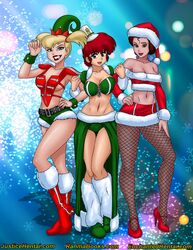 3girls batman:_the_animated_series batman_(series) beauty_and_the_beast_(1991_film) belle_(beauty_and_the_beast) big_breasts blonde_hair boots brown_hair brunette christmas christmas_clothing christmas_outfit crossover dc_comics dcau disney disney_princess drawnthatwayxx eastern_and_western_character enchantedhentai.com female female_only fishnet_pantyhose harleen_quinzel harley_quinn high_heels justicehentai.com multiple_girls pigtails ranma-chan ranma_1/2 ranma_saotome ranmabooks.com red_hair