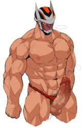 1boy abs absurdres algernon_(tokyo_afterschool_summoners) bara censored clothing_aside colored_sclera cropped_legs crow_(siranui) erection fundoshi fundoshi_aside helmet highres japanese_clothes large_pectorals large_penis male male_focus male_only male_pubic_hair male_underwear male_underwear_aside mosaic_censoring muscular muscular_male navel nipples pectorals penis pubic_hair pubic_hair_peek red_eyes red_male_underwear solo stomach textless thick_thighs thighs tokyo_afterschool_summoners topless_male twitching_penis underwear underwear_only veins veiny_penis white_background yellow_sclera