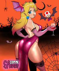 1girls ass bat bat_wings blonde_hair blue_eyes breasts clothing cup dress elbow_gloves female female_focus glass gloves halloween halloween_costume head_wings holding_wine_glass licking licking_lips long_hair looking_at_viewer looking_back mario_(series) nipple_bulge orange_background outdoors pelvic_curtain princess_peach purple_dress purple_gloves sasatseng sideboob solo_focus standing toad_(mario) vampire wine_glass wings