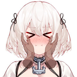 >_< 1girls absurdres anchor_choker azur_lane blush cheek_squish cleavage_cutout closed_mouth clothing_cutout collar commentary cute disembodied_limb dress female highres kimi_tsuru metal_collar pout short_hair simple_background sirius_(azur_lane) upper_body white_background white_dress white_hair wholesome