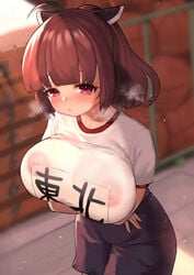 ahoge alternate_breast_size black_shorts blush breasts brown_hair cevio commission covered_nipples eyebrows_visible_through_hair female fully_clothed gym_shirt gym_shorts headgear highres large_breasts name_tag parted_lips red_eyes shirt short_hair short_sleeves shorts skeb_commission solo totorosu touhoku_kiritan voiceroid white_shirt