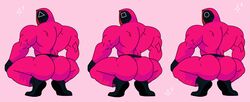 2021 3boys anonymous_artist ass ass_focus back belt biceps big_ass big_butt black_belt black_gloves black_shoes boots broly_culo bubble_ass bubble_butt buff butt butt_focus circle_(squid_game) crouching edit gay gloves group humor light_pink_background looking_back male male_only mask masked masked_male meme ms_paint muscles muscular muscular_male netflix parody pink_background pink_clothing pink_guard shading sparkles square_(squid_game) squatting squid_game triangle_(squid_game) trio unknown_artist