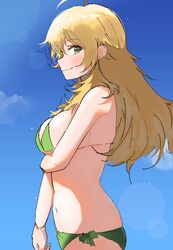 1girls absurdres ahoge bikini blonde_hair blue_sky blurry blush bokeh breasts cowboy_shot depth_of_field eye_contact female green_bikini green_eyes highres holding_own_arm hoshii_miki idolmaster idolmaster_(classic) idolmaster_million_live! large_breasts light_smile long_hair looking_at_viewer looking_to_the_side midriff navel pdal_(pdalhhh) profile side-tie_bikini sky solo solo_female swimsuit