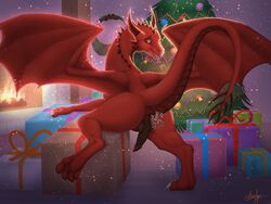 absurd_res adrim christmas dragon feral hi_res holidays male mistletoe plant scalie solo tree vexx_(sexyvexxy) western_dragon wings ych_result