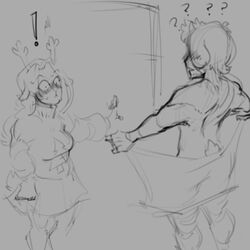 anthro asriel_dreemurr blush deltarune exposed_penis female_anthro male_human/female_anthro marmaladedoodles_(artist) monochrome noelle_holiday sketch tagme towel