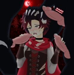 after_rape after_sex black_hair bukkake cum cum_drip cum_on_breasts cum_on_face cum_on_hair cum_string cumshot_into_mouth defeated grimm_(rwby) handjob interspecies nazosempai penis rape ruby_rose rwby silver_eyes wolf