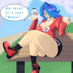 1girls big_ass big_butt blue_hair breasts cleavage cum cum_in_container cum_in_jar cum_in_mouth female female_focus huge_ass huge_breasts huge_hips only_female sharp_teeth skarp_world skarpne_(skarp_world) snowyblue solo thighs yellow_eyes