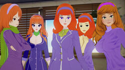 16:9 3d 5girls before_sex black_eyes clothed counterpart daphne_blake dress green_eyes green_scarf hairband hanna-barbera happy indoors light-skinned_female light_skin long_hair looking_at_another looking_at_viewer multiversal_counterpart_grouping open_eyes red_hair room scarf scooby-doo standing violet_dress violet_eyes violet_sweater