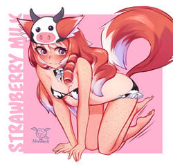 blush brown_eyes cow_bikini cow_print embarrassed female fox_ears fox_girl fox_tail freckles looking_away on_all_fours red_hair solo sunsetniva tanline tira_(poppytart)