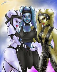 3girls aayla_secura alien alien_girl artist_request background big_breasts blue_skin breasts cleavage clothed clothed_female clothing collar eyebrows eyelashes female female_only fishnet_bodysuit front_view fully_clothed green_skin hand_around_waist hand_on_hip hand_on_shoulder happy headgear humanoid leash lips lipstick looking_at_viewer lyn_me multiple_girls oola pink_lipstick red_lipstick return_of_the_jedi revealing_clothes side_view sideboob slave small_breasts smile standing star_wars tagme tentacle tentacle_hair thighs trio twi'lek white_skin