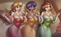 3girls alex_(totally_spies) beauty_and_the_beast big_breasts black_hair blonde_hair blue_eyes breasts brown_eyes cleavage clover_(totally_spies) cosplay crossover crossover_cosplay dark_skin disney dress female female_only green_eyes group human large_breasts pale_skin ph red_hair sam_(totally_spies) the_bimbettes_(cosplay) the_triplets_(cosplay) thick_thighs totally_spies trio wide_hips