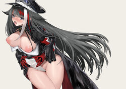 ahe_gao areolae azur_lane bangs black_hair blue_eyes blush breasts commentary_request deutschland_(azur_lane) female goggles goggles_on_headwear grey_background hat highres large_breasts leotard leotard_lift lifted_by_self long_hair long_sleeves looking_at_viewer mechanical_hands mechanical_parts multicolored_hair nipples nose_blush oerba_yun_fang open_mouth peaked_cap red_hair simple_background solo streaked_hair sweat takeakigaku tongue tongue_out very_long_hair white_hair white_leotard