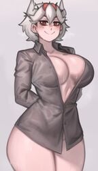 1girls 2021 beelzebub_(helltaker) blush breasts demon demon_girl earrings female female_only helltaker hi_res hips huge_breasts kelvin_hiu looking_at_viewer no_pants no_underwear red_eyes shirt shirt_only short_hair simple_background slim_waist smile solo sweat sweaty_body thick_thighs thighs white_hair wide_hips