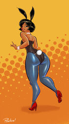 1girls alex_(totally_spies) ass bunny_ears bunny_girl bunnysuit cosplay dark-skinned_female dark_skin female heels large_ass looking_at_viewer looking_back marathon_(copyright) pinafore_(artist) short_hair smiling solo solo_female tagme thick_thighs totally_spies wide_hips