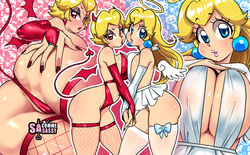 alternate_breast_size angel angel_and_devil ass big_ass breasts cleavage clothing devil female female_only huge_breasts mario_(series) multiple_images nintendo paper_mario princess_peach sasatseng shadow_queen thick_thighs